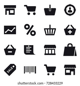16 vector icon set : shop, cart, basket, target audience, statistic, percent, add to basket, remove from basket, shopping list, market, shopping bag, sale label, barcode
