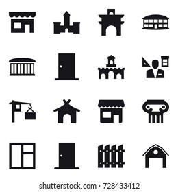 16 vector icon set : shop, castle, arch, airport building, door, fort, architector, bungalow, antique column, window, fence, barn