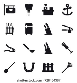 16 vector icon set : shop signboard, radiator, fridge, stands for knives, garlic clasp, walnut crack, ladle, knife holder, shovel, horseshoe, grain elevator, rake