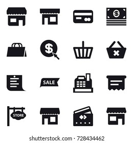 16 vector icon set : shop, card, money, shopping bag, dollar arrow, basket, delete cart, shopping list, sale, cashbox, atm receipt, store signboard, credit card