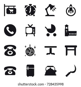 16 vector icon set : shop signboard, alarm clock, table lamp, rocket, phone, tv, baby stroller, church, disco ball, table, stool, fridge, kettle, sickle