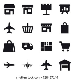 16 vector icon set : shop, billboard, presentation, plane, basket, shopping bag, delivery, airplane, garage