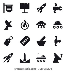 16 vector icon set : shop signboard, billboard, rocket, satellite, satellite antenna, ufo, lunar rover, label, sale label