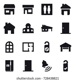 16 vector icon set : shop, wc, home, mansion, house with garage, door, arch window, plan, do not distrub, garage, fridge, bell, please clean