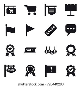 16 vector icon set : shop signboard, cart, billboard, flag, sale, message, medal, store signboard