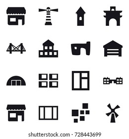 16 vector icon set : shop, lighthouse, tower, arch, bridge, cottage, slum, garage, hangare, panel house, window, school, windmill