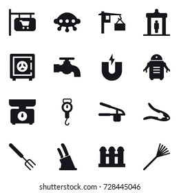 16 vector icon set : shop signboard, ufo, detector, safe, water tap, kitchen scales, handle scales, garlic clasp, walnut crack, big fork, knife holder, grain elevator, rake
