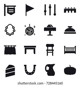 16 vector icon set : shop signboard, flag, equalizer, bridge, hawaiian wreath, disco ball, restaurant, service bell, curtain, table, chair, crib, horseshoe, jug, pumpkin