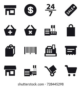 16 vector icon set : shop, dollar, 24/7, sale, add to basket, delete cart, store, shopping bag, barcode, cashbox, atm receipt, mall