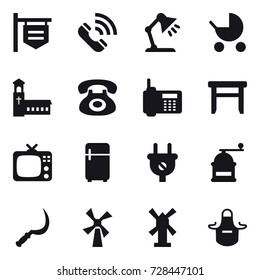 16 vector icon set : shop signboard, call, table lamp, baby stroller, church, stool, tv, fridge, hand mill, sickle, windmill, apron