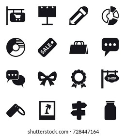 16 vector icon set : shop signboard, billboard, pencil, circle diagram, sale, shopping bag, message, discussion, bow, medal, photo, signpost