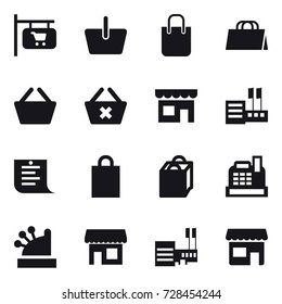 16 vector icon set : shop signboard, basket, shopping bag, delete cart, shop, store, shopping list, cashbox, mall