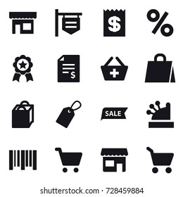 16 vector icon set : shop, shop signboard, receipt, percent, medal, account balance, add to basket, shopping bag, label, sale, cashbox, cart