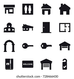 16 vector icon set : shop, wc, home, mansion, house with garage, door, plan, arch, key, garage, fridge, welcome mat, please clean