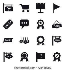 16 vector icon set : shop signboard, cart, billboard, flag, sale, message, medal, store signboard