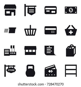 16 vector icon set : shop, shop signboard, card, money, delivery, basket, credit card, add to basket, store, market, shopping list, shopping bag, store signboard, rack