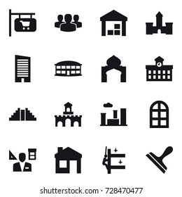 16 vector icon set : shop signboard, group, warehouse, castle, skyscraper, airport building, minaret, university, pyramid, fort, city, arch window, architector, house, skyscrapers cleaning, scraper