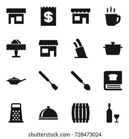 16 vector icon set : shop, receipt, hot drink, restaurant, stands for knives, pan, spatula, big spoon, barrel, wine