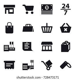 16 vector icon set : shop, cart, money, 24/7, shopping bag, basket, delete cart, store, shopping list, market, atm receipt, mall