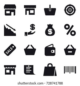 16 vector icon set : shop, basket, target, crisis, investment, money bag, percent, sale, wallet, remove from basket, shopping list, shopping bag, barcode