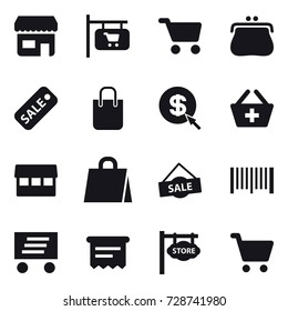 16 vector icon set : shop, shop signboard, cart, purse, sale, shopping bag, dollar arrow, add to basket, market, barcode, delivery, atm receipt, store signboard