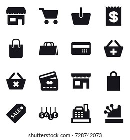 16 vector icon set : shop, cart, basket, receipt, shopping bag, credit card, add to basket, delete cart, sale label, sale, cashbox