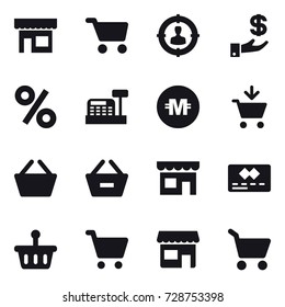 16 vector icon set : shop, cart, target audience, investment, percent, cashbox, crypto currency, add to cart, basket, remove from basket