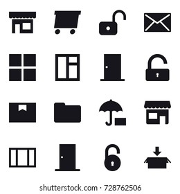 16 vector icon set : shop, delivery, unlock, mail, window, door, package