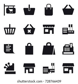 16 vector icon set : shop signboard, basket, shopping bag, delete cart, shop, store, shopping list, cashbox, mall