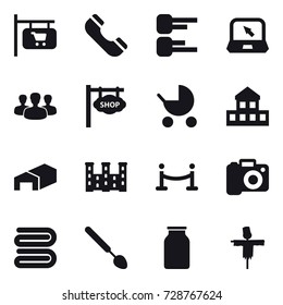 16 vector icon set : shop signboard, phone, diagram, notebook, group, baby stroller, cottage, warehouse, palace, vip fence, camera, towel, big spoon, scarecrow