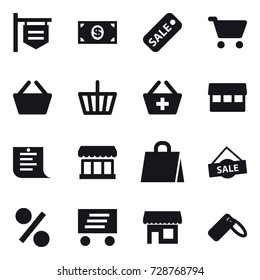 16 vector icon set : shop signboard, money, sale, cart, basket, add to basket, market, shopping list, shopping bag, percent, delivery, shop