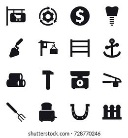 16 vector icon set : shop signboard, around gear, dollar coin, construction, kitchen scales, garlic clasp, big fork, horseshoe, grain elevator