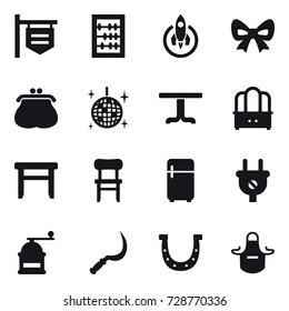 16 vector icon set : shop signboard, abacus, rocket, bow, purse, disco ball, table, dresser, stool, chair, fridge, hand mill, sickle, horseshoe, apron