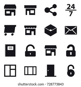 16 vector icon set : shop, share, 24/7, delivery, box, mail, copybook, unlock, unlocked, window, door