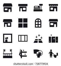 16 vector icon set : shop, cashbox, window, arch window, flower in window, clean floor, clean  window, skyscapers cleaning, skyscrapers cleaning, wiping, toilet cleaning