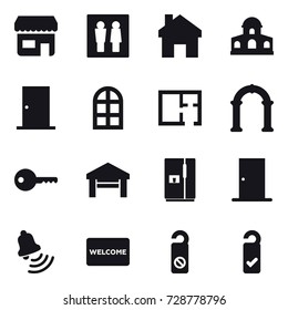 16 vector icon set : shop, wc, home, mansion, door, arch window, plan, arch, key, garage, fridge, bell, welcome mat, do not distrub, please clean