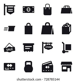 16 vector icon set : shop signboard, money, shopping bag, delivery, sale, atm receipt, store signboard, cargo stoller, credit card, shop