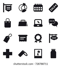 16 vector icon set : shop signboard, circle diagram, calendar, sale, shopping bag, notebook, discussion, label, atm receipt, medal, photo