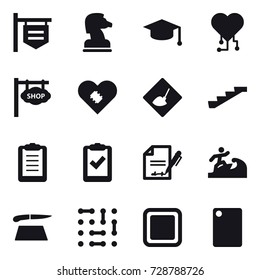 16 vector icon set : shop signboard, chess horse, graduate hat, cardio chip, under construction, stairs, surfer, cutting board