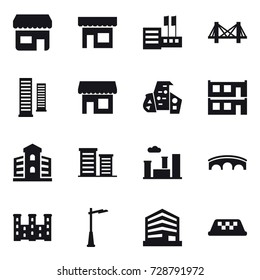 16 vector icon set : shop, store, bridge, skyscrapers, modern architecture, modular house, building, district, city, palace, outdoor light, taxi