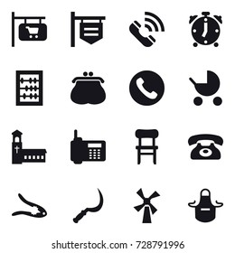 16 vector icon set : shop signboard, call, alarm clock, abacus, purse, phone, baby stroller, church, chair, walnut crack, sickle, windmill, apron
