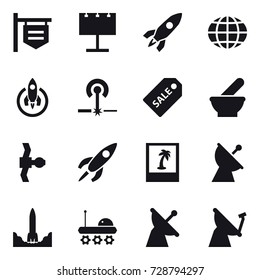 16 vector icon set : shop signboard, billboard, rocket, globe, laser, sale label, photo, satellite antenna