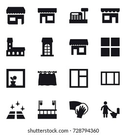 16 vector icon set : shop, cashbox, mansion, building, window, flower in window, curtain, clean floor, skyscapers cleaning, wiping, toilet cleaning