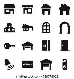 16 vector icon set : shop, home, mansion, house with garage, arch window, arch, key, garage, fridge, door, bell, welcome mat, do not distrub