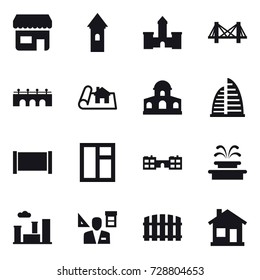 16 vector icon set : shop, tower, castle, bridge, project, mansion, skyscraper, fence, window, school, fountain, city, architector, home