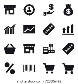 16 vector icon set : shop, target audience, investment, money bag, diagram, statistic, sale, graph up, basket, store, sale label, percent, barcode, cart