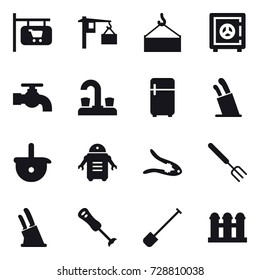 16 vector icon set : shop signboard, safe, water tap, fridge, stands for knives, walnut crack, big fork, knife holder, shovel, grain elevator