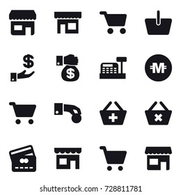 16 vector icon set : shop, cart, basket, investment, money gift, cashbox, crypto currency, hand coin, add to basket, delete cart, credit card