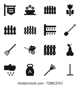 16 vector icon set : shop signboard, flower bed, fence, watering, shovel, fork, wheelbarrow, pear, sow, fertilizer, rake