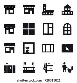 16 vector icon set : shop, mansion, cottage, window, arch window, flower in window, clean  window, skyscapers cleaning, skyscrapers cleaning, toilet cleaning